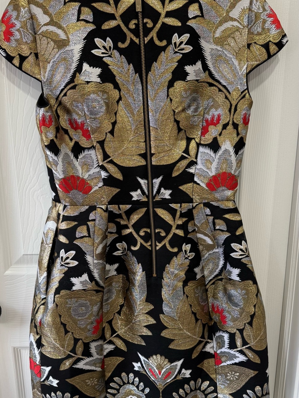 Ted Baker Black Dress with Gold, Silver & Red Metallic Floral Jacquard - Picture 3 of 4